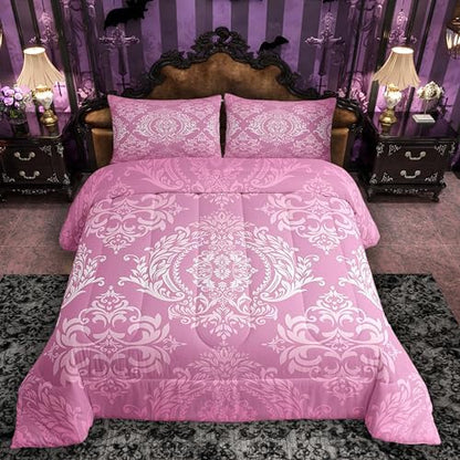 Feelyou Pink Gothic Damask Floral Comforter Set Full Size Bedding Set