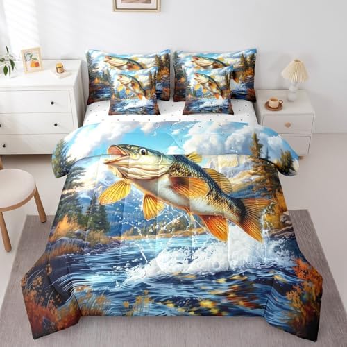 Erosebridal 7 Piece Big Bass Fish Comforter Set 3D Pike Fish Bedding Set Twin Farmhouse Hunting Theme Bed in a Bag Rustic Wildlife Sheet Set with Comforter Vintage Cabin Lake House Home Decor