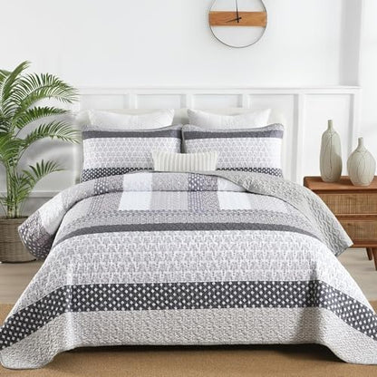 WONGS BEDDING Grey Full Size Quilt Set, Bohemian Striped Bedspreads