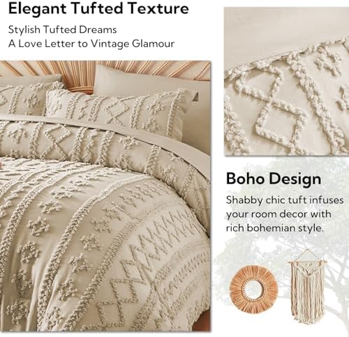 MR&HM Twin XL Comforter Set 5 Pieces Linen, Boho Tufted Bed Set for Dorm
