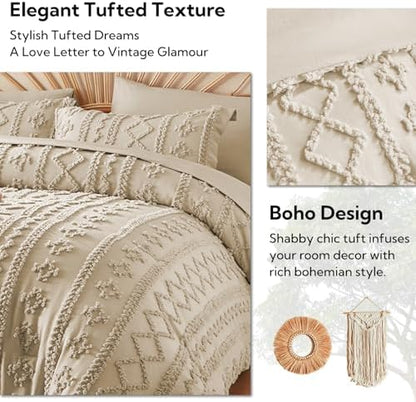 MR&HM Twin XL Comforter Set 5 Pieces Linen, Boho Tufted Bed Set for Dorm