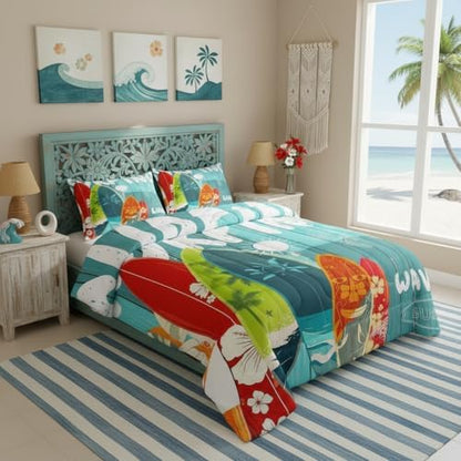 Surfboard Surf Comforter Set Queen,Blue Rustic Farmhouse Wooden Board Duvet Insert Sun Flowers Palm Tree Silhouette Bedding Set for Kids Teens Adults,Hawaiian Ocean Style Quilted Duvet,2 Pillowcases