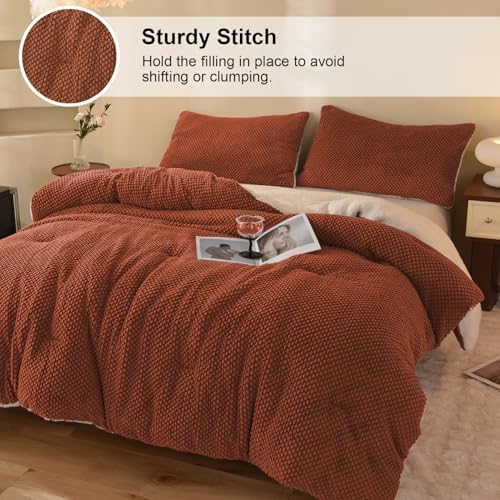 LLanCL 3D Jacquard Design Comforter Set, Ultra-Soft Warm King Size Sherpa Fur Plush 3-Pieces Sets Luxury Cozy Bedding with 2 Pillowcases (104"x90", Burnt Orange)