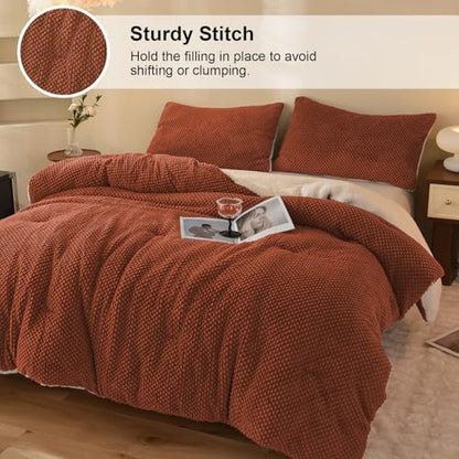 LLanCL 3D Jacquard Design Comforter Set, Ultra-Soft Warm King Size Sherpa Fur Plush 3-Pieces Sets Luxury Cozy Bedding with 2 Pillowcases (104"x90", Burnt Orange)