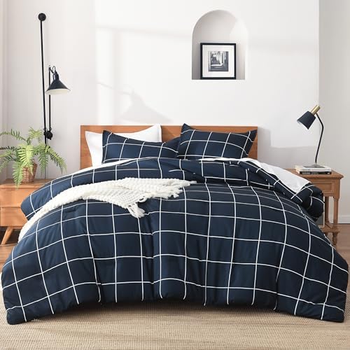 Andency Queen Comforter Sets Navy, Gingham Plaid Grid Checkered Bedding Set