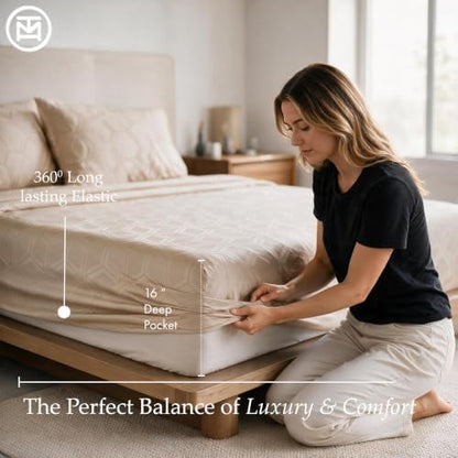 Threadmill 600 Thread Count Cotton Queen Sheet Set, Sateen, Jacquard, Beige