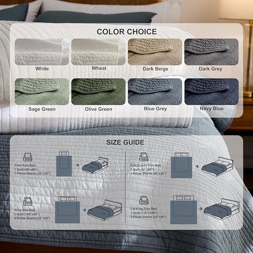 palassio Striped Blue Grey 100% Cotton Quilt Twin Size Bedding Sets, Lightweight Crinkly Channel Pick Stitch Textured Bedspread Soft Shabby Chic Farmhouse Country Coverlet for All Season, 1 Sham