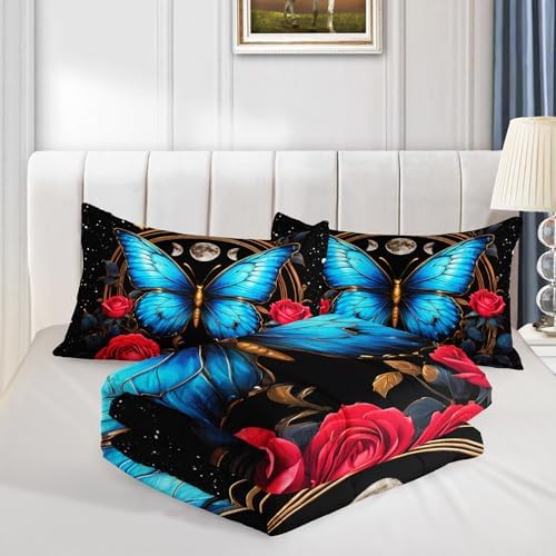 Blue Butterfly Comforter Set Twin Size,Red Rose Comforter Butterfly Bedding Sets for Kids Girls Teens Room Decor Aesthetics,Animal Themed Comforter Floral Bedding Sets with 2 Pillowcases.