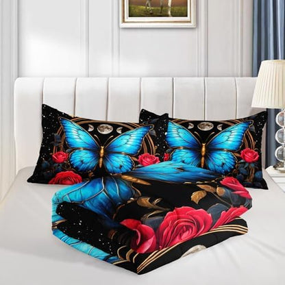 Blue Butterfly Comforter Set Twin Size,Red Rose Comforter Butterfly Bedding Sets for Kids Girls Teens Room Decor Aesthetics,Animal Themed Comforter Floral Bedding Sets with 2 Pillowcases.