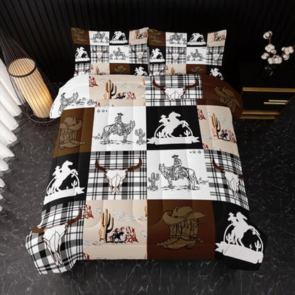 Nttopship Western Cowboy Kids Comforter Set Full Size,Western Animal Cow Skull Soft Comforter Set American Wild West Desert Hand Drawn Illustration Down Comforter Country Theme Bedroom Decor