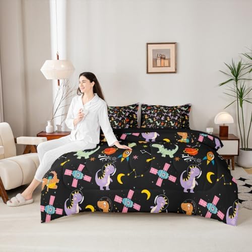Feelyou Kids Cute Dinosaur 7 Piece Bedding Set King Size Solar System Comforter Set with Sheets for Boys Girls Outer Space Bed in a Bag Moon Star Print Bed Set