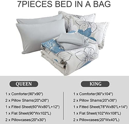 Luxudecor Floral Comforter Set Queen Size, Blue Floral Comforter and Sheet Set, 7 Pieces Bed in a Bag Soft Microfiber Complete Bedding Sets for All Seasons 90"×90"