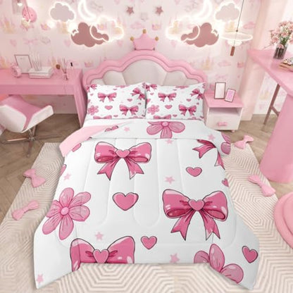 jejeloiu Pink Bow Bedding Set Soft for Boys Girls, Colourful Bowknot Comforter Set Queen Size White Pink Duvet Quilt Microfiber Butterfly Bowknot Bedroom Decor 3 Pcs with 2 Pillow Cases
