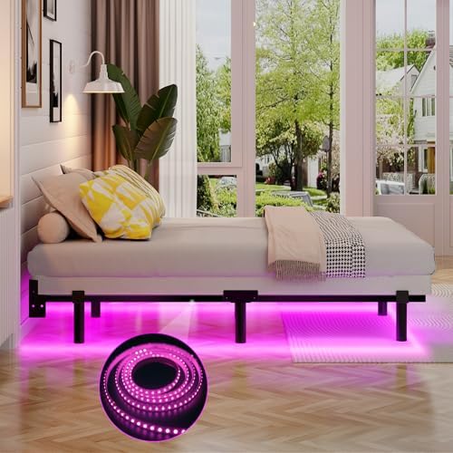 Full Bed Frame with LED Lights, 7 Inch Heavy Duty Metal Base for Box Spring
