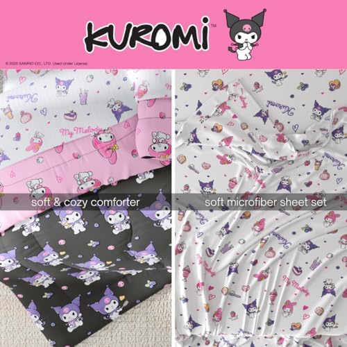 Sanrio Kuromi & My Melody Bedding 7 Piece Super Soft Cozy Reversible Comforter and Sheet Set with Sham, Full, (Officially Licensed Product) By Franco