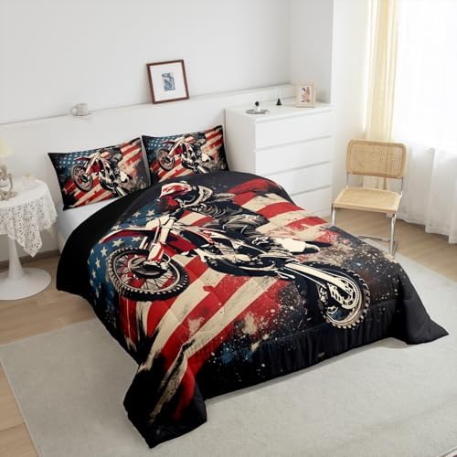 Feelyou Racing Motocross Rider Bedding Set Kids Boys Girls King Size Dirt Bike Comforter Set Teen AdultFlag Pattern Comforter Extreme Sports Duvet Quilt Bedroom Decor Motorcycle Racer Quilt