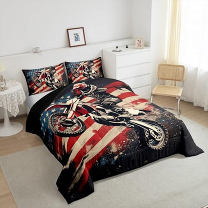 Feelyou Racing Motocross Rider Bedding Set Kids Boys Girls King Size Dirt Bike Comforter Set Teen AdultFlag Pattern Comforter Extreme Sports Duvet Quilt Bedroom Decor Motorcycle Racer Quilt