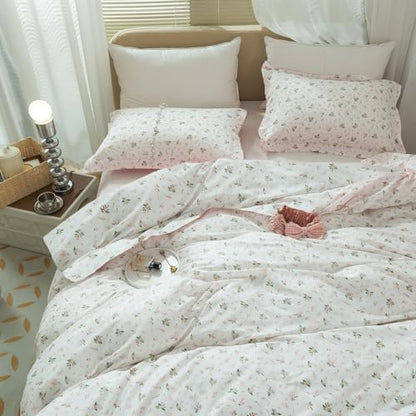 Girls Floral Comforter Set Twin XL Garden Flower Print Bedding Sets Soft Fluffy Vintage Pink White Floral Bedding Comforter Set Cottagecore Botanical Flowers Comforter with 2 Pillowcases Twin XL Size