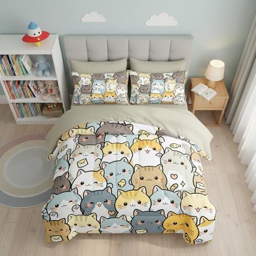 QOOMO Kawaii Cats 7 Pieces Comforter Set Queen Size,Cute Cats Bedding Set