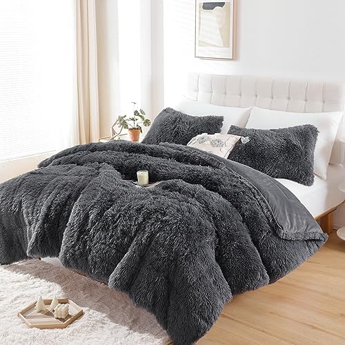 Smoofy Fluffy Full Size Comforter Set, Dark Grey Faux Fur Comforter 3 Pcs