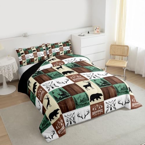 Hunting Bear Deer Bedding Set, Farmhouse Lodge Cabin Comforter Set Full Size for Kids Boys Teens Bedroom Decor, Rustic Woodland Moose Duvet Insert Western Country Patchwork Quilt with 2 Pillow Cases