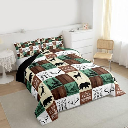 Hunting Bear Deer Bedding Set, Farmhouse Lodge Cabin Comforter Set Full Size for Kids Boys Teens Bedroom Decor, Rustic Woodland Moose Duvet Insert Western Country Patchwork Quilt with 2 Pillow Cases