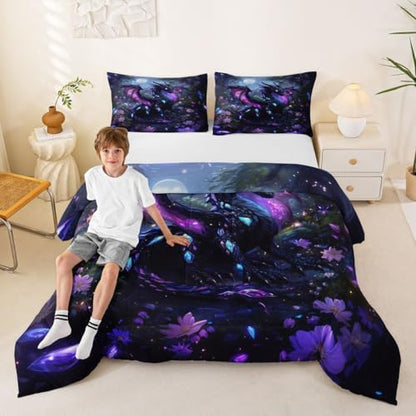 Feelyou Dragon Bedding Set Soft for Boys Girls, Wild Life Comforter Set Queen Size Jungle Dragon Duvet Quilt Microfiber Fantasy Animal Bedroom Decor Magical Beast 3 Pcs with 2 Pillow Cases