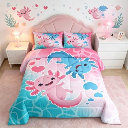 Castle Fairy Cute Axolotls Comforter Set King Size Watercolor Pink Sea Blue Bedding Set 3pcs for Kids Girls Boys Teens Room Decor Ocean Style Fish Quilt Set Kawaii Romantic Duvet Insert,2 Pillowcases