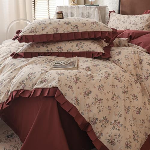 VM VOUGEMARKET Red Ruffle Duvet Cover Twin,Vintage Rose Flower Bedding Set with Zipper Ties 100% Cotton Romantic Lace Comforter Cover for Teen Girls