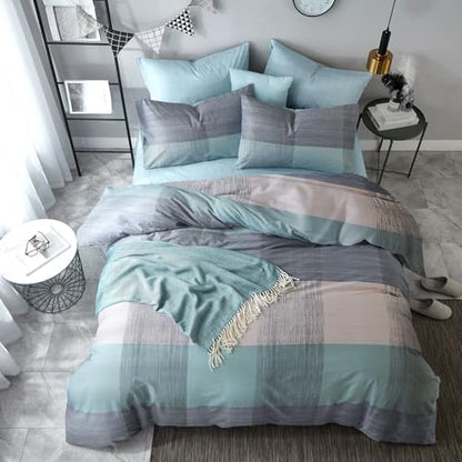mixinni Simple Patchwork Print Comforter Set Full Size Bed Fluffy Blue Mint Green Geometric Pattern Comforter for Boys Women and Men, 1 Modern Comforter and 2 Pillowcases for All Season-Full Size