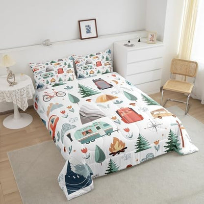 Homewish Camping Comforter Set King Size,Cartoon Pine Tree Bedding Set 3Pcs for Kids Girls Boys Teens Room Decor,Camper Adventure Theme Quilt Set Mountain Tent Pattern Duvet Insert,2 Pillowcases