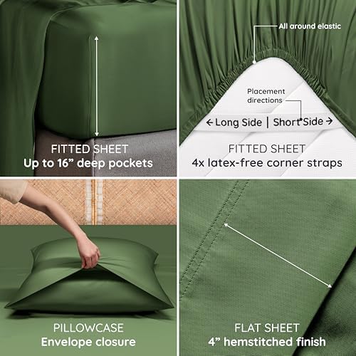 Bambaw 100% Viscose Derived from Bamboo Sheets King Size Set – 6pcs Set of Cooling Sheets for Hot Sleepers, Fits Up to 16'' Mattresses, Super Soft & Luxury Bedding Sets King (Olive)