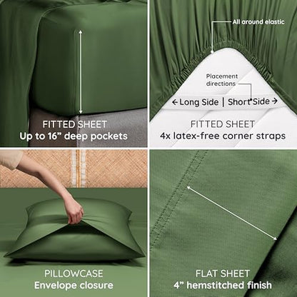 Bambaw 100% Viscose Derived from Bamboo Sheets King Size Set – 6pcs Set of Cooling Sheets for Hot Sleepers, Fits Up to 16'' Mattresses, Super Soft & Luxury Bedding Sets King (Olive)