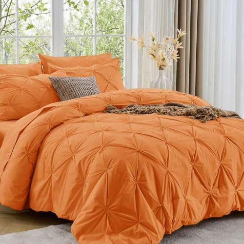 Sasttie King Size Comforter Set, 7-Piece Bed in a Bag, Pintuck Bedding Set for All Season, Includes Comforter, Flat Sheet, Fitted Sheet, Pillowcases and Pillowshams, Coral Orange
