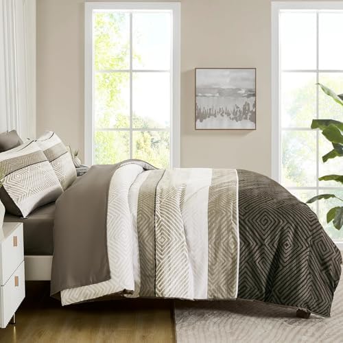 Comforter Set Queen Size 7 Piece Bed in a Bag Brown Striped Bedding Set