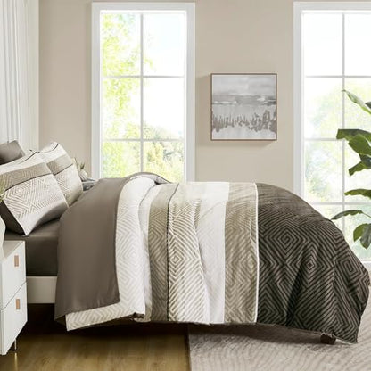 Comforter Set Queen Size 7 Piece Bed in a Bag Brown Striped Bedding Set