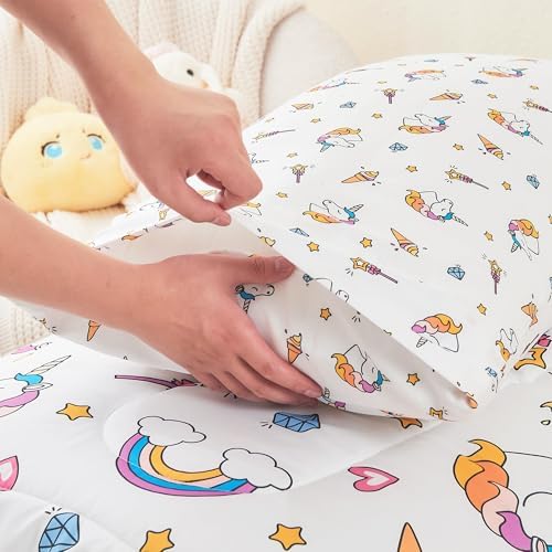 Mooreeke 4 Pieces Toddler Bedding Set - Soft Unicorn Rainbow Toddler Comforter Sets for Girls, Includes Quilted Comforter, Flat Sheet, Fitted Sheet and Pillowcase, Bed in A Bag for Baby Bedroom