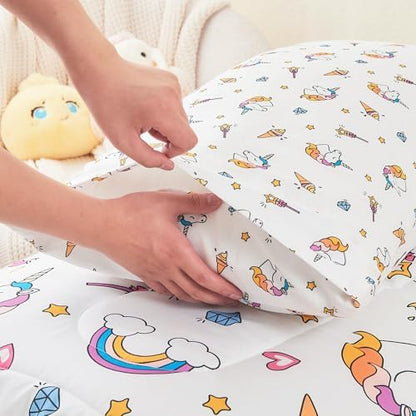 Mooreeke 4 Pieces Toddler Bedding Set - Soft Unicorn Rainbow Toddler Comforter Sets for Girls, Includes Quilted Comforter, Flat Sheet, Fitted Sheet and Pillowcase, Bed in A Bag for Baby Bedroom