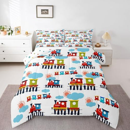 Feelyou Cartoon Train Comforter Set Toddler Size Cute Transports Car Bedding Set for Kids Boys Girls Retro Steam Engine Duvet Quilt Bedroom Decor Microfiber 2 Pcs with 1 Pillow Cases