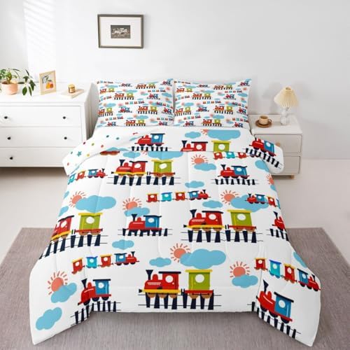 Feelyou Cartoon Train Comforter Set Queen Size Cute Transports Car Bedding Set for Kids Boys Girls Retro Steam Engine Duvet Quilt Bedroom Decor Microfiber 3 Pcs with 2 Pillow Cases