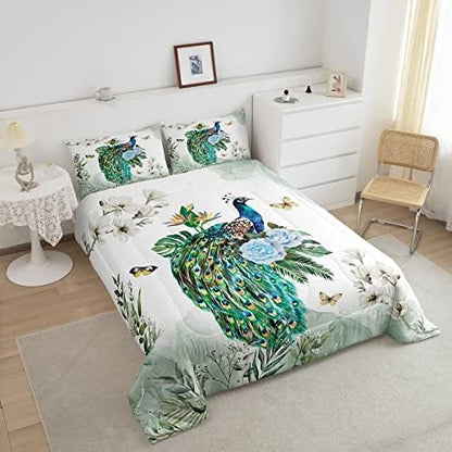 Homewish Peacock King Size Comforter Set,Kids Butterfly and Floral Decor All Season Bedding Set,Teens Retro Chinese Style Comforter,Girls Watercolor Feathers Decor Quilt Set Bedroom Collection 3Pcs