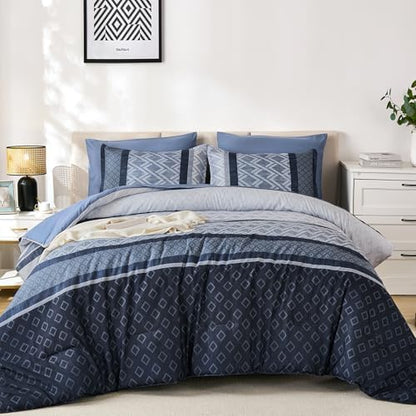 Cottolester King Comforter Set,Mineral Blue Boho Striped Bed in a Bag