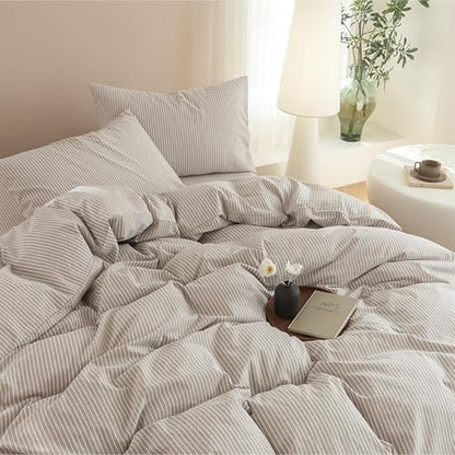 JIYUAN California King Washed Cotton Duvet Cover Set, Linen-Like Pinstripe