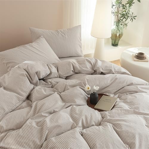 JIYUAN Twin Washed Cotton Duvet Cover Set, 2-Piece, Linen-Like Pinstripe