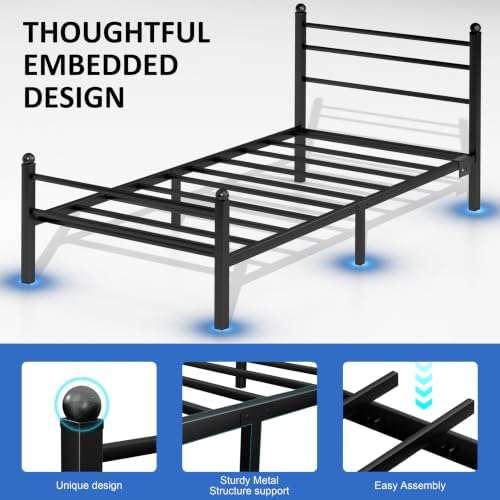 J.Fkne Twin Bed Frame with LED Lights & Charging Station, Metal Platform Bed with Headboard, Heavy Duty Metal Slats, No Box Spring Needed, Noise Free, Easy Assembly, Black