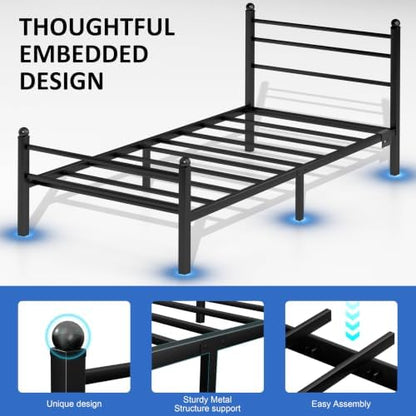 J.Fkne Twin Bed Frames with LED Lights & Charging Station, Platform Bed with Headboard, Heavy Duty Metal Slats Support, No Box Spring Needed, Noise Free, Easy Assembly