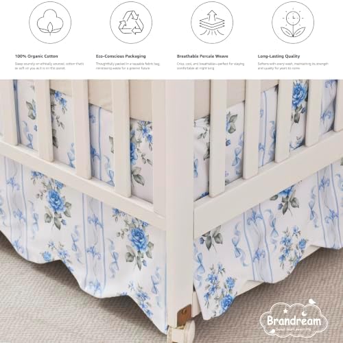 Brandream Scallop Edge Organic Cotton Crib Skirt, Baby Girl Crib Skirt Toddler Bedskirt Farmhouse Chic Nursery Crib Bed Skirt French Vintage Cottagecore with Rose Floral Botanical Stripe Print Skirt