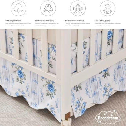 Brandream Scallop Edge Organic Cotton Crib Skirt, Baby Girl Crib Skirt Toddler Bedskirt Farmhouse Chic Nursery Crib Bed Skirt French Vintage Cottagecore with Rose Floral Botanical Stripe Print Skirt
