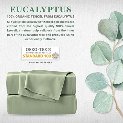 Stylinen 100% Organic Eucalyptus Bed Sheets King Size 4 Piece Set, Tencel Lyocell, Silky Soft & Smooth, Breathable, 16 Inch Deep Pockets, 1 Fitted, 1 Flat, 2 Pillowcases (King, Sage)