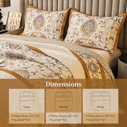 Bohemian Queen Size Quilt Comforter Sets 3 Pieces Quilts (1 Quilt, 2 Pillow Shams) Nordic Bedding Set Printed Coverlet with Pillowcase Lightweight Bedspread Set for All Seasons(Yellow)